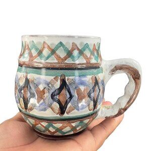 Hand Made Pottery Coffee Mug Cup Hand Painted Ceramic Primitive Style Signed VTG